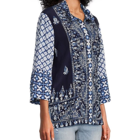 John Mark Woven Embroidered Tie Dye Print Wire Collar 3/4 Sleeve Button Tunic - Picture 3 of 16